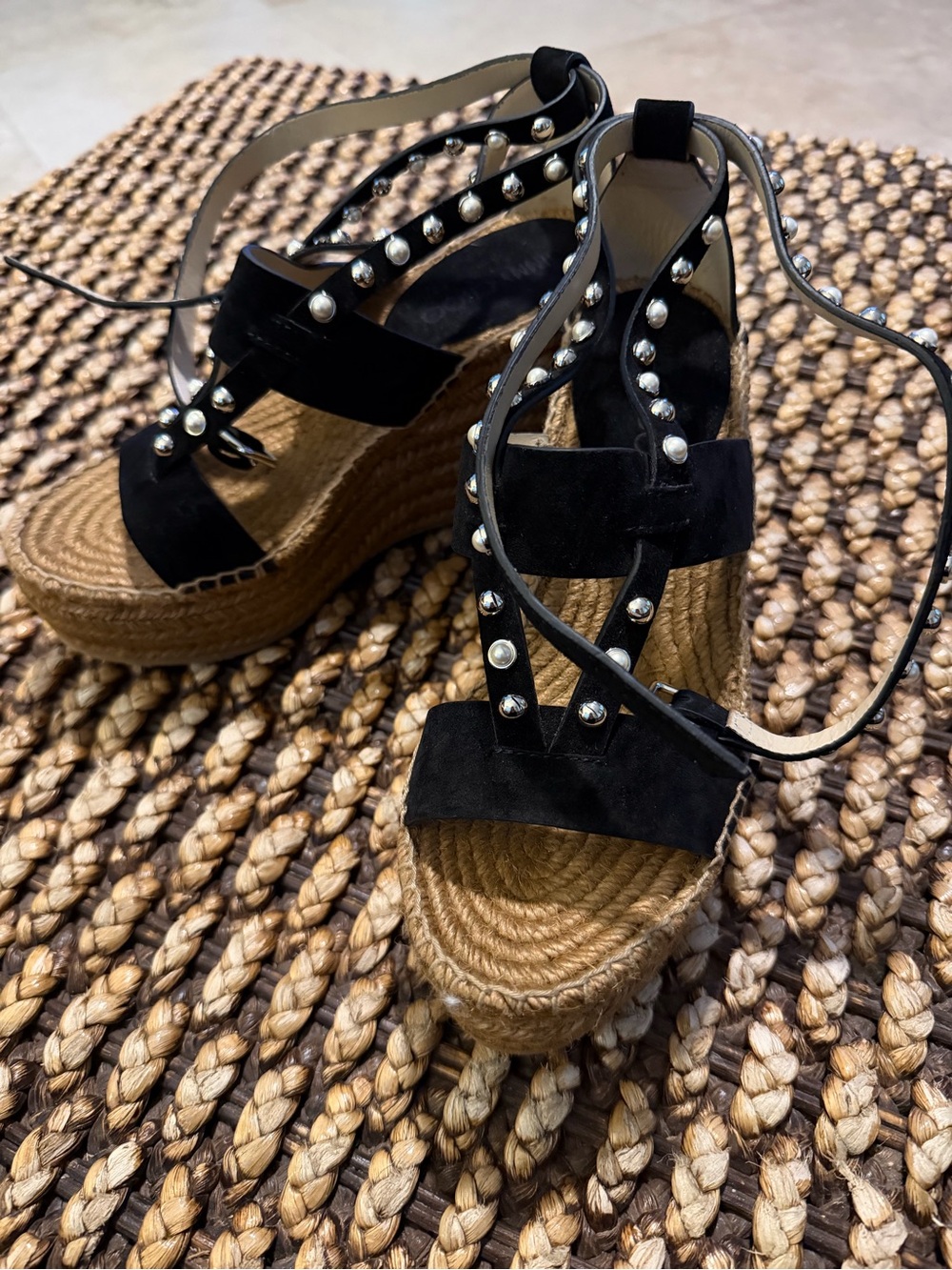 JIMMY CHOO Danica Black 110 Studded Leather Espadrille Wedge Sandals - Picture 3 of 8